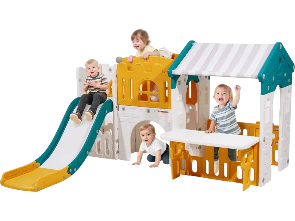 VEVOR Outdoor Playhouse Versatile Toddler Playground Open Play Structure, for Aged 1+, with Slide, Basketball, Telescope, Steering Wheel, Crawling Tunnel, Sales Window, Toddler Playset, HDPE Plastic