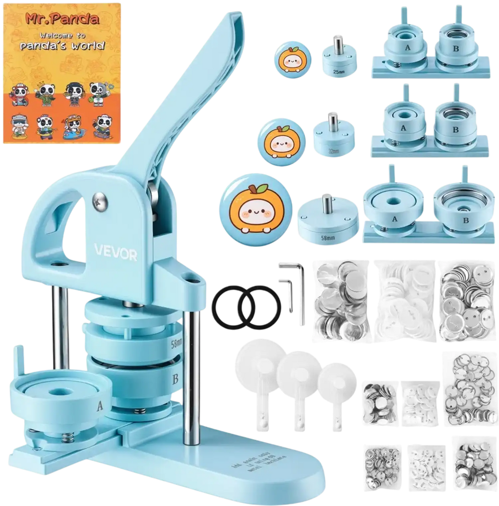VEVOR Button Maker Machine 1"/1.25"/2.25"(25/32/58 mm) Pin Maker Blue, with 300pcs Button Parts, Circle Cutter and Magic Book, Ergonomic Handle, for DIY Badges, Pins, Fridge Magnets and Key Chains
