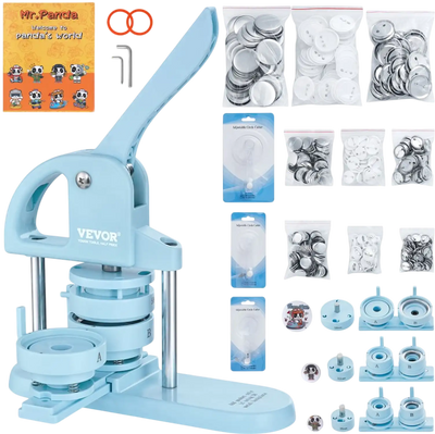 VEVOR 3-IN-1 Button Maker, 1/1.25/2.28 inch(25/32/58mm) Pin Maker, 300pcs Button Parts, Button Maker Machine with Panda Magic Book, Ergonomic Arc Handle Punch Press Kit, For Children DIY Gifts, Blue