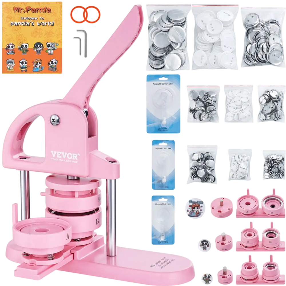 VEVOR 3-IN-1 Button Maker, 1/1.25/2.28 inch(25/32/58mm) Pin Maker, 300pcs Button Parts,Button Maker Machine with Panda Magic Book,  Ergonomic Arc Handle Punch Press Kit, For Children DIY Gifts, Pink