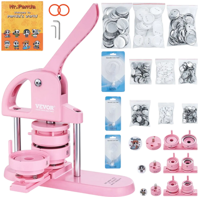 VEVOR 3-IN-1 Button Maker, 1/1.25/2.28 inch(25/32/58mm) Pin Maker, 300pcs Button Parts,Button Maker Machine with Panda Magic Book,  Ergonomic Arc Handle Punch Press Kit, For Children DIY Gifts, Pink