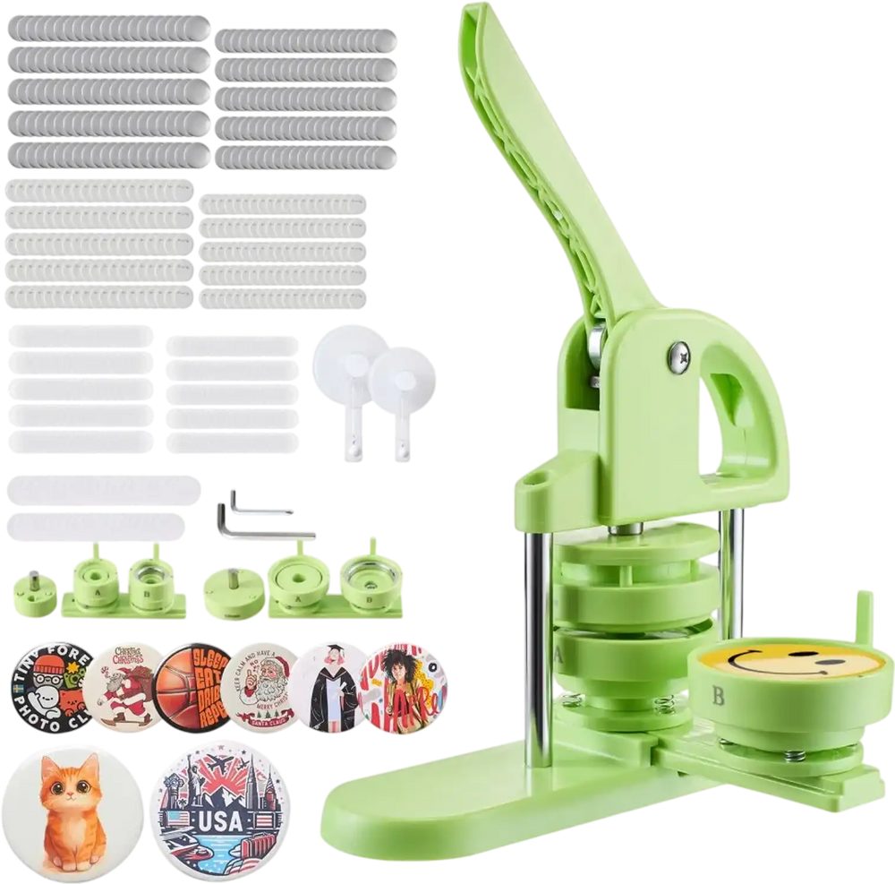 VEVOR Button Maker Machine, 1.26/2.28 inch 2-in-1, Plastic Pin Maker with 200 pcs Button Parts, Circle Cutter and Magic Book, Reinforced Ergonomic Handle, for DIY Badges, Personalized Pins, Green