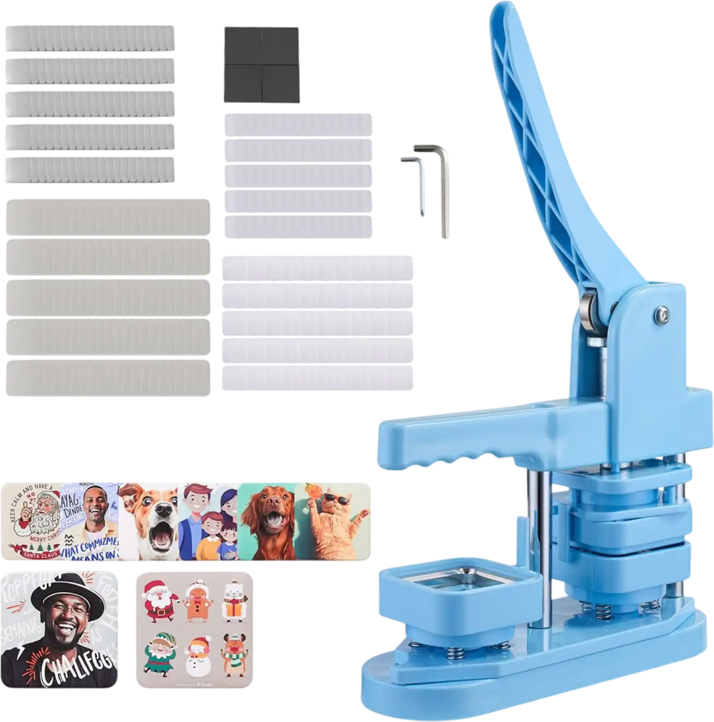VEVOR Button Maker Machine, 1.97 x 1.97 in Square, Plastic Pin Maker with Tinplate Front Shells, Plastic Back Covers, Magnetic Backings and Transparent Films, Ergonomic Handle, for DIY Badges, Blue