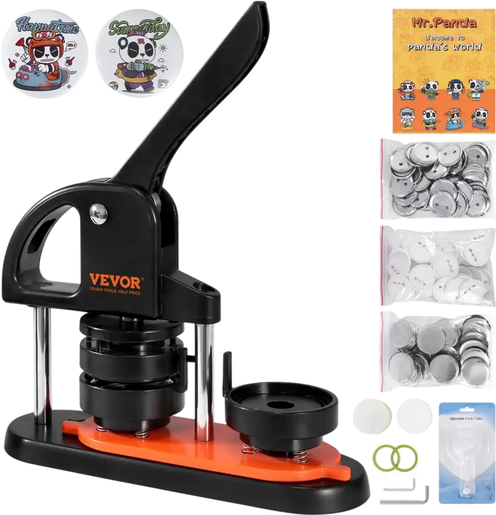 VEVOR Button Maker Machine, 2.28 inch/58mm Pin Maker with 100pcs Button Parts, Ergonomic Arc Handle Punch Press Kit, Button Maker with Panda Magic Book, For Children DIY Gifts and Christmas