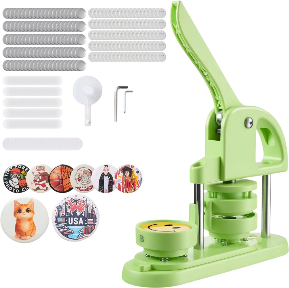 VEVOR Button Maker Machine, 2.28 in, Plastic Pin Maker with 100pcs Button Parts, Circle Cutter and Hex Wrenches, Reinforced Ergonomic Handle, for DIY Badges, Personalized Pins and Key Chains, Green