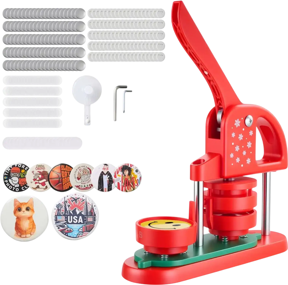 VEVOR Button Maker Machine, 2.28 in, Plastic Pin Maker with 100pcs Button Parts, Circle Cutter and Hex Wrenches, Reinforced Ergonomic Handle, for DIY Badges, Personalized Pins and Key Chains, Red