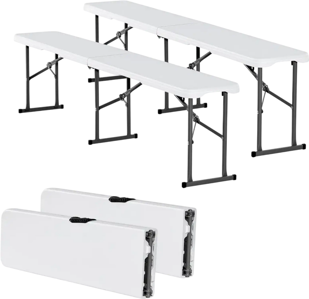 VEVOR Plastic Folding Bench, 6 ft Portable Bench for Indoor/Outdoor Picnic Party Patio Camping Dining, Foldable Smooth HDPE Seat for Garden Soccer Multipurpose Entertaining Activities, 2 Pack, White
