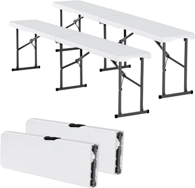 VEVOR Plastic Folding Bench, 6 ft Portable Bench for Indoor/Outdoor Picnic Party Patio Camping Dining, Foldable Smooth HDPE Seat for Garden Soccer Multipurpose Entertaining Activities, 2 Pack, White