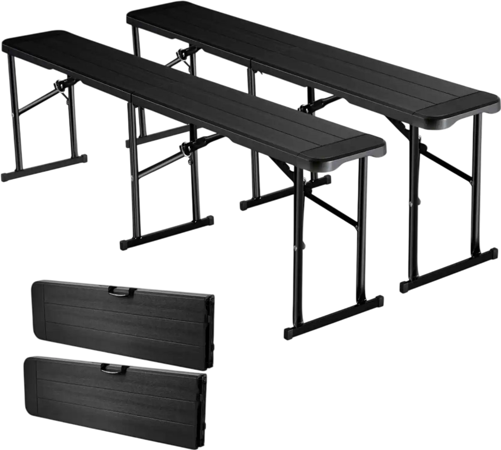 VEVOR Plastic Folding Bench, 6 ft Portable Bench for Outdoor Picnic Party Camping Dining, Foldable Smooth HDPE Seat for Garden Soccer Multipurpose Entertaining Activities, 2 Pack, 2 Carry Bags, Black