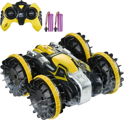 VEVOR Amphibious Remote Control Car Boat, 2.4GHz 12 km/h, 4WD Waterproof RC Car for Kids, 360° Rotating Stunt Car with 2 Batteries, All Terrain Water Beach Pool Toy for 6+ Year Old Boys Girls, Yellow