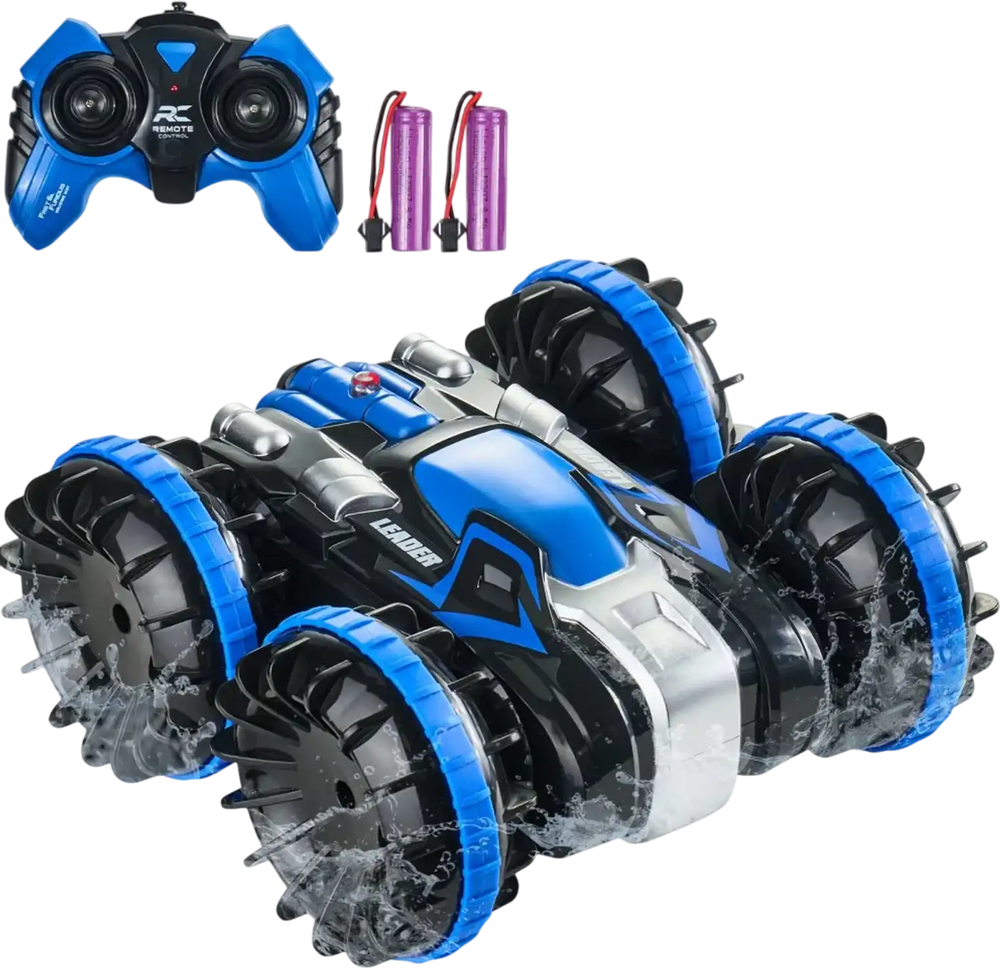 VEVOR Amphibious Remote Control Car Boat, 2.4GHz 12 km/h, 4WD Waterproof RC Car for Kids, 360° Rotating Stunt Car with 2 Batteries, All Terrain Water Beach Pool Toy for 6+ Year Old Boys Girls, Blue