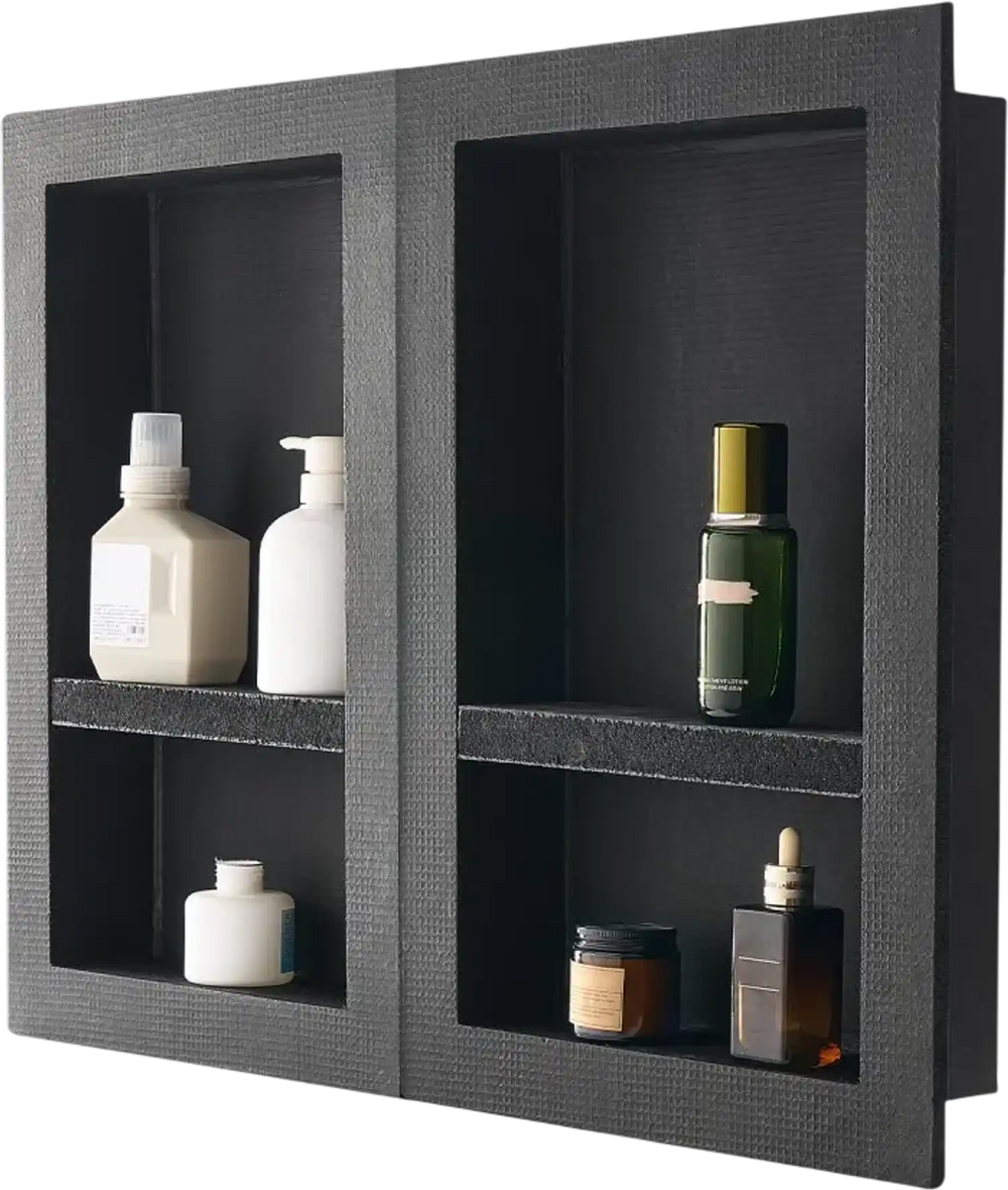 VEVOR Shower Niche, 16 x 24 inch + 16 x 24 inch Recessed Wall Niche with Movable Shelf, 4 inch Thick Modern Soap&Shampoo Storage Organizer,Square Corners,Sealed Waterproof,Black for Bathroom Shower