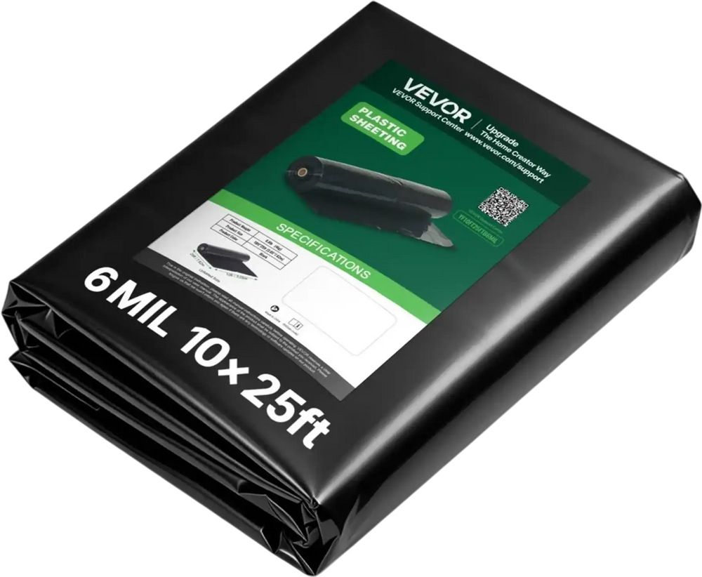 VEVOR 6 Mil Plastic Sheeting 10' x 25' Black Heavy Duty Polyethylene Roll, Thick Plastic Roll for Garden, Drop Cloth Painters Tarp, Polyethylene Covering for Crawl Space Vapor Barrier, Weed Control