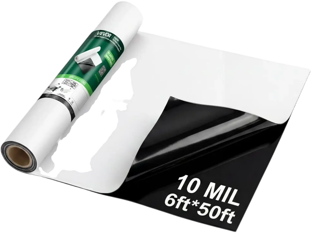 VEVOR 10 Mil Plastic Sheeting 6' x 50' Heavy Duty Thick Polyethylene Roll, Plastic Drop Cloth Painters Tarp, Polyethylene Covering for Crawl Space Vapor Barrier, Weed Control, Garden, Black & White