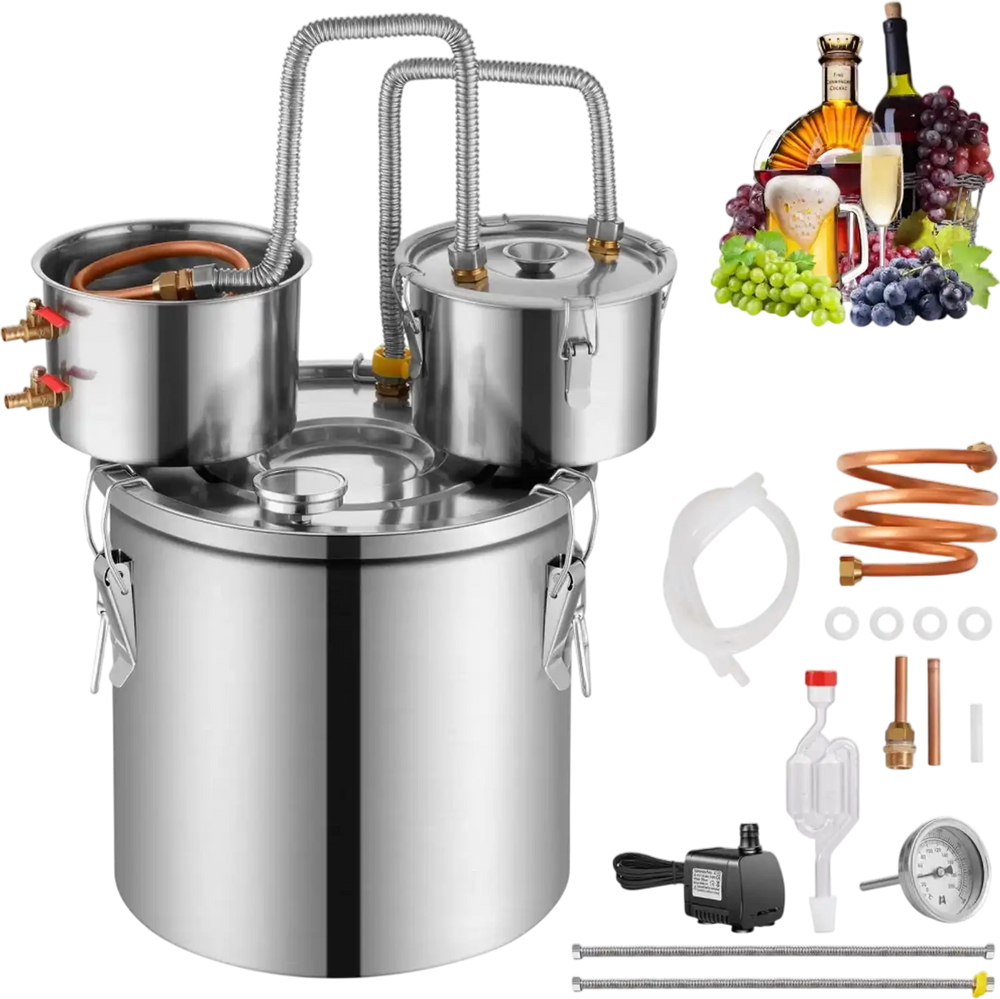 VEVOR Alcohol Still, 13.2 Gal / 50 L Stainless Steel Water Alcohol Distiller with Copper Coil for Fast Cooling, Dual Condenser Distiller Kit with Secondary Distillation, for Wine Whisky Brandy, Silver