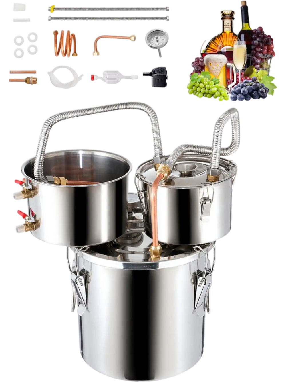 VEVOR Alcohol Still, 3 Gal / 11.4 L Stainless Steel Water Alcohol Distiller with Copper Coil for Fast Cooling, Dual Condenser Distiller Kit with Secondary Distillation, for Wine Whisky Brandy, Silver