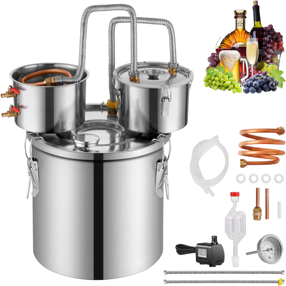 VEVOR Alcohol Still, 3 Gal / 11.4 L Stainless Steel Water Alcohol Distiller with Copper Coil for Fast Cooling, Dual Condenser Distiller Kit with Secondary Distillation, for Wine Whisky Brandy, Silver