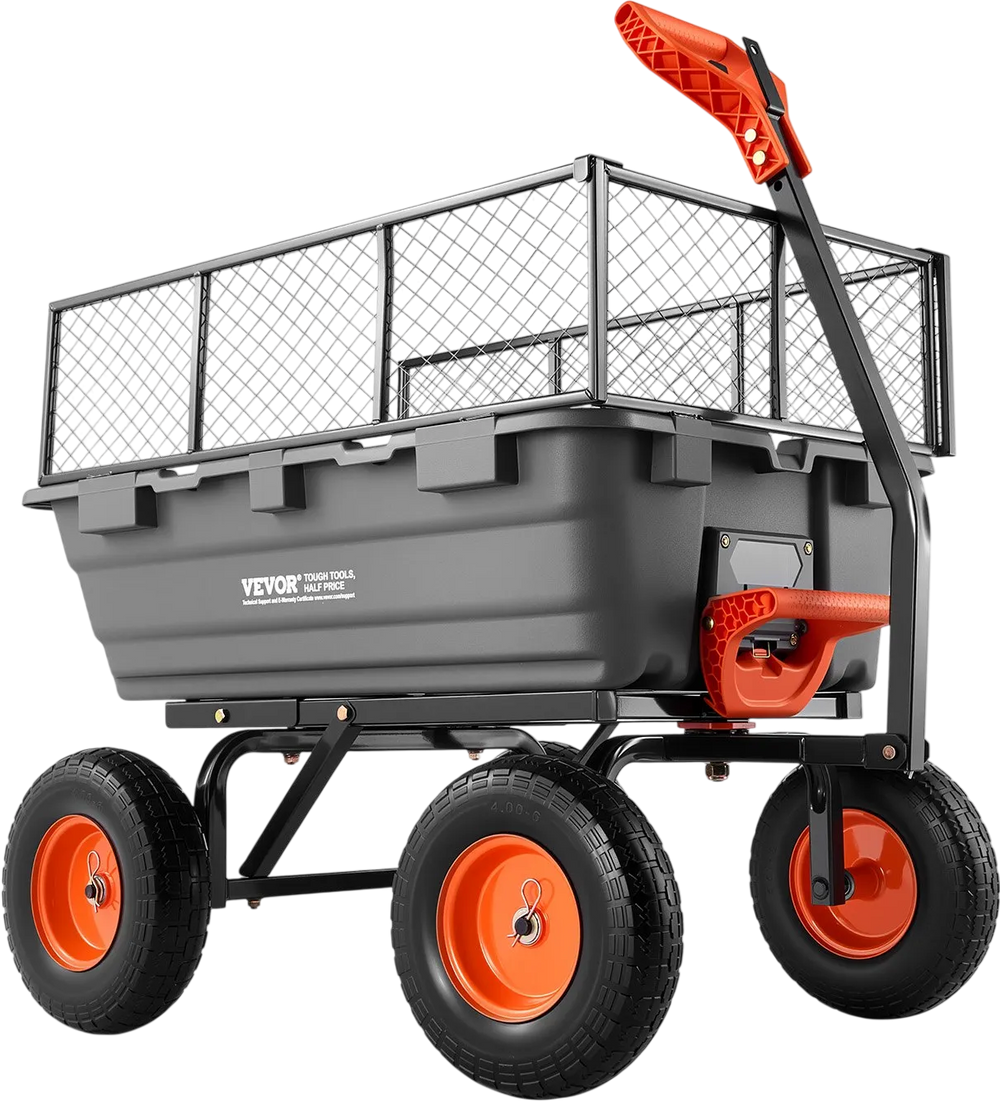 VEVOR Garden Dump Cart, 1200 lbs Poly Dump Cart, Garden Carts Dumps Wagon with Storage Fence, 2-in-1 Convertible Handle, 90° Quick-Dumps Mechanism, 180° Swivel Wheels, Yard Wagon for Plants, Soil