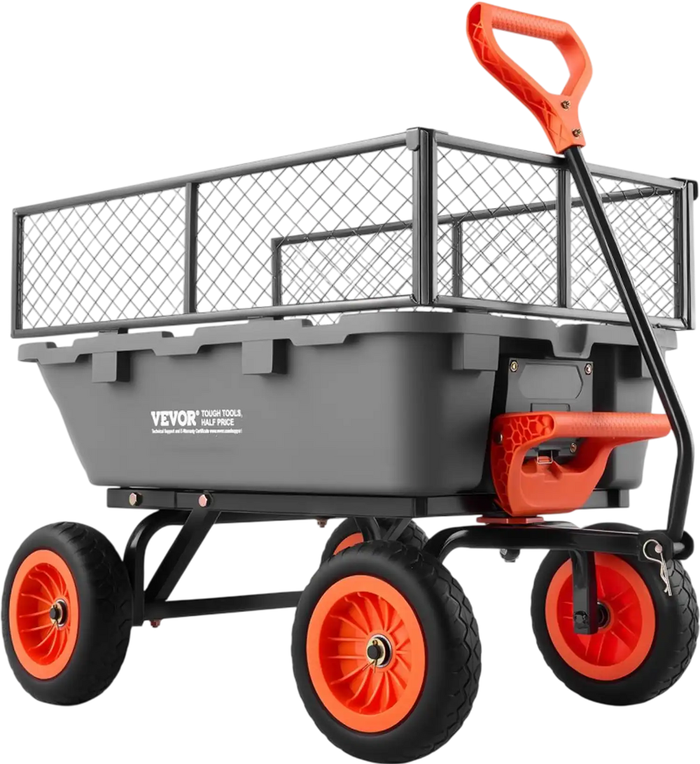 VEVOR Garden Dump Cart, 800 lbs Poly Dump Cart, Garden Carts Dumps Wagon with Storage Fence, 90° Quick-Dumps Mechanism, 180° Swivel Wheels, 90° Rotating Handle, Yard Wagon for Plants, Soil, Crops