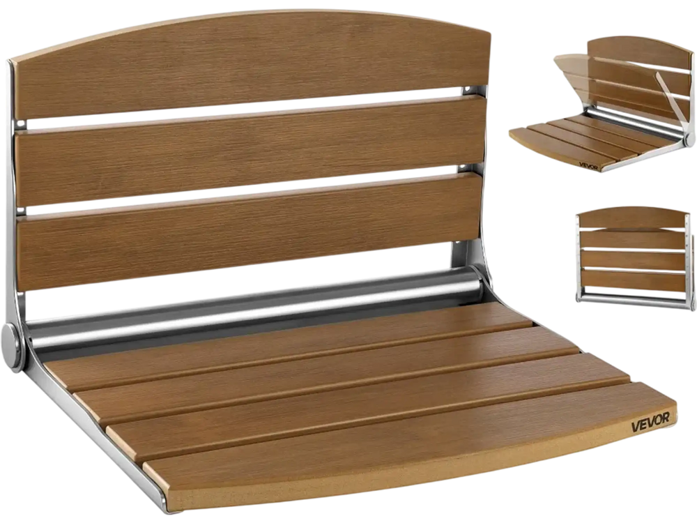 VEVOR Foldable Shower Seat Wall Mounted, 17.7" Folding Shower Bench with Supportive Backrest, Fold-Down Bathroom Corridor Seat with Stainless Steel Frame for Adults Seniors, 400LBS Loading
