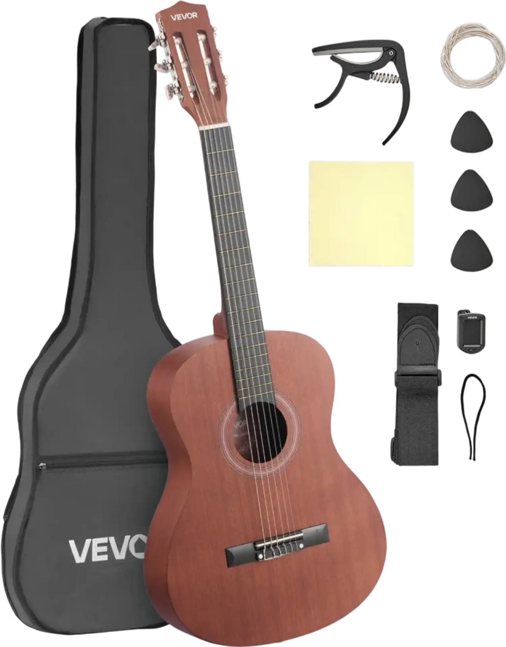 VEVOR Classical Guitar, 36 Inch, Wood Classical Guitar Starter Kit for Beginners, with Nylon Strings, Gig Bag, Strap, Tuner, Extra Strings, Picks, Capo, Sapele & Rosewood, for Kids Girls Boys, Natural
