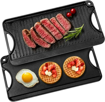 VEVOR Reversible Grill/Griddle, 20x10 inch Pre-Seasoned Cast Iron Griddle, Portable Rectangular Pan with Handle, Family Cookware for Indoor/Outdoor Stove Top Burner, Gas, Camping BBQ, Black