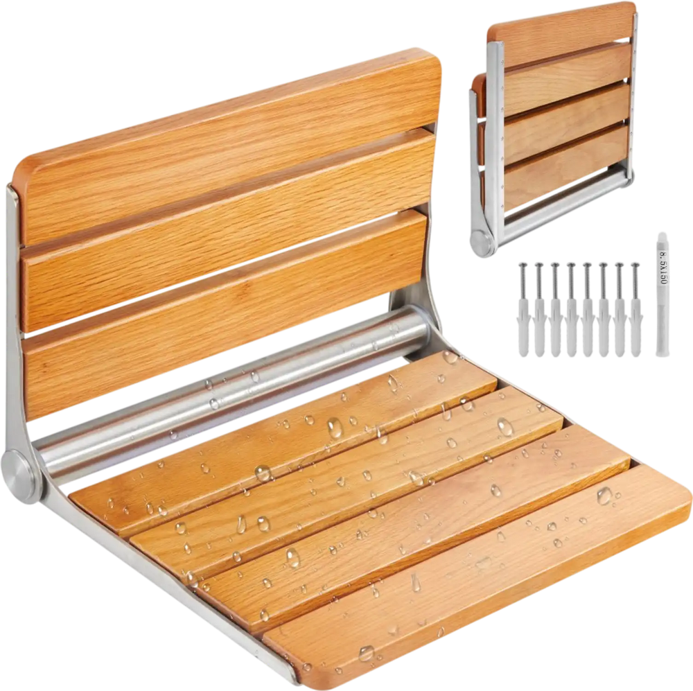 VEVOR Folding Oak Shower Seat, 16.1" x 13.4" Unfolded, Wall Mounted Fold Up Shower Bench with 440 lbs Load Capacity, Space Saving Home Care Fold Down Shower Chair, for Seniors Pregnant Women Children