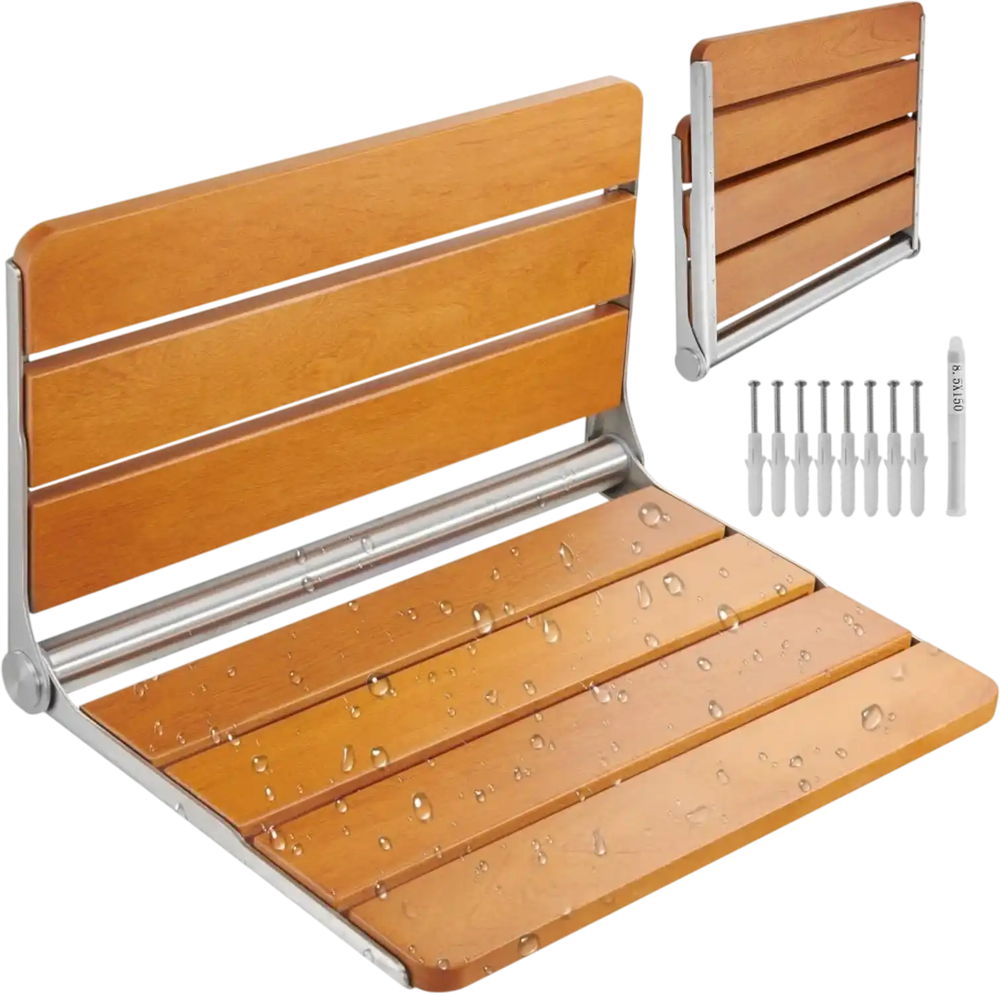 VEVOR Folding Teak Shower Seat, 20.9 x 16'' Unfolded, Wall Mounted Fold Up Shower Bench with 500 lbs Load Capacity, Space Saving Home Care Fold Down Shower Chair, for Seniors Pregnant Women Children