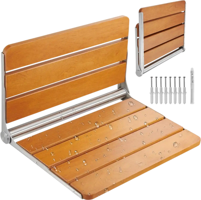 VEVOR Folding Teak Shower Seat, 20.9 x 16'' Unfolded, Wall Mounted Fold Up Shower Bench with 500 lbs Load Capacity, Space Saving Home Care Fold Down Shower Chair, for Seniors Pregnant Women Children