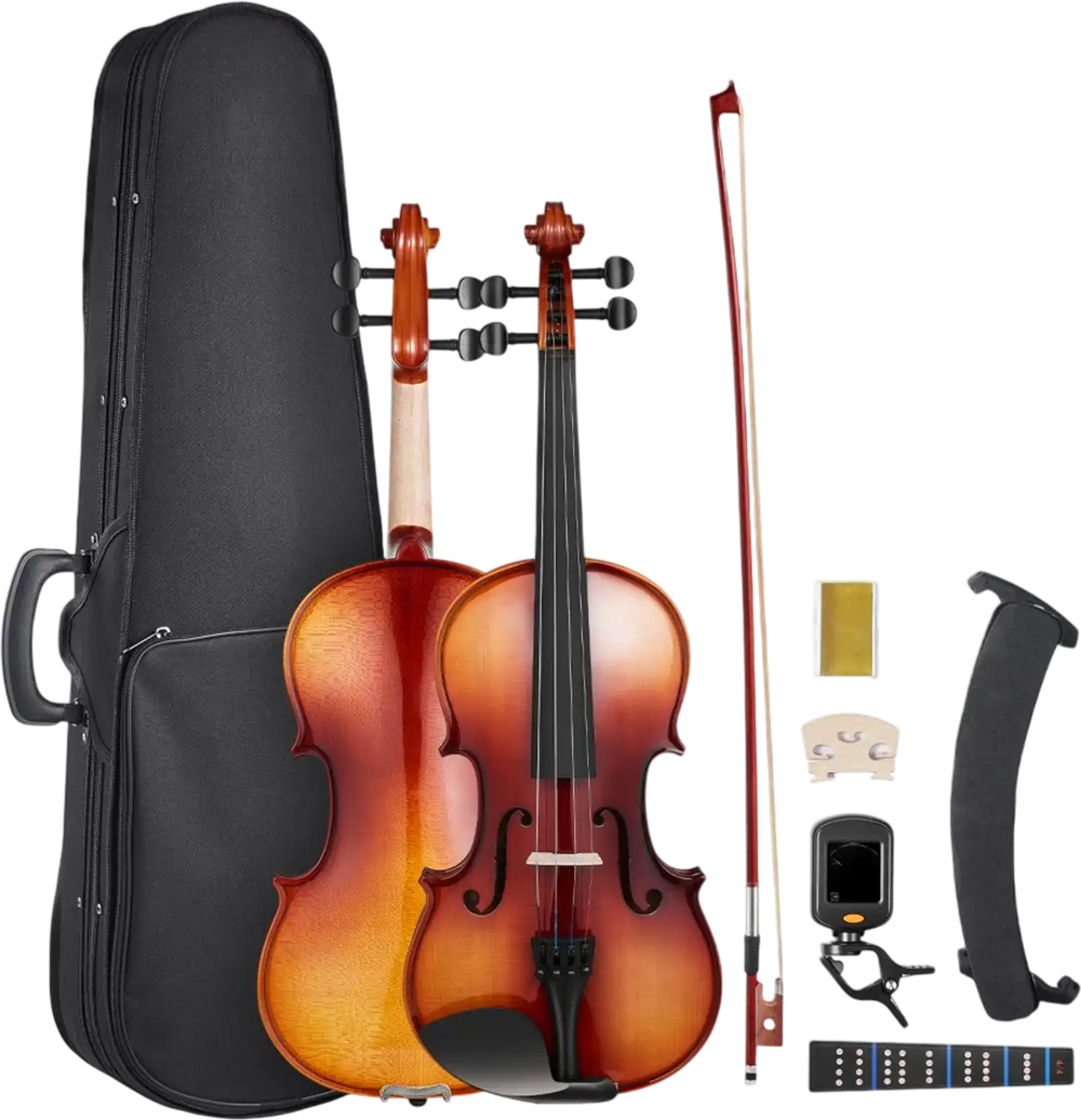 VEVOR Violin 4/4 Full Size for Adults, Violin Fiddle Set for Beginners Student with Hard Case,Rosin, Bow,Shoulder Rest,Bridge,Extra Strings,Professional Solidwood Instrument (Glossy Brown)