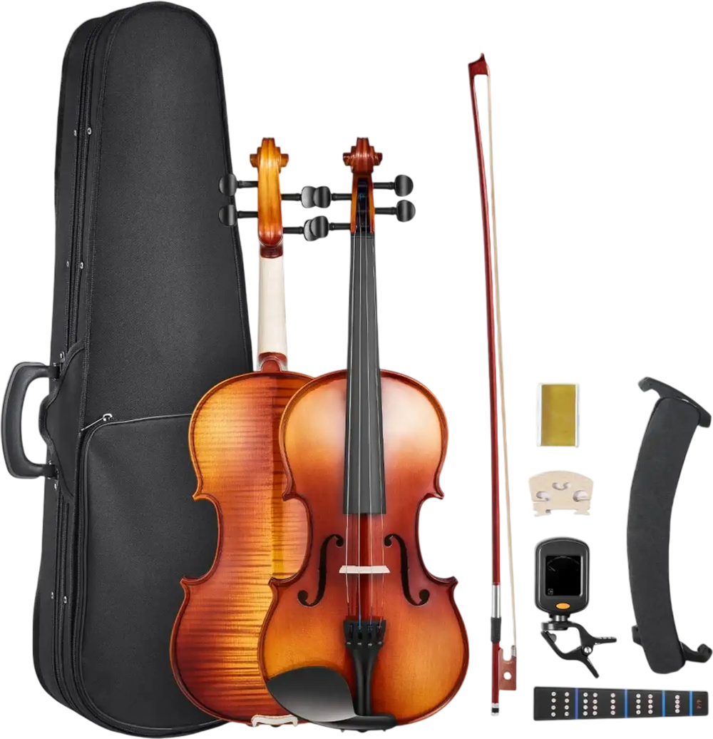 VEVOR Violin 4/4 Full Size for Adults, Violin Fiddle Set for Beginners Student with Hard Case,Rosin, Bow,Shoulder Rest,Bridge,Extra Strings,Professional Solidwood Instrument (Glossy Brown Patterned)