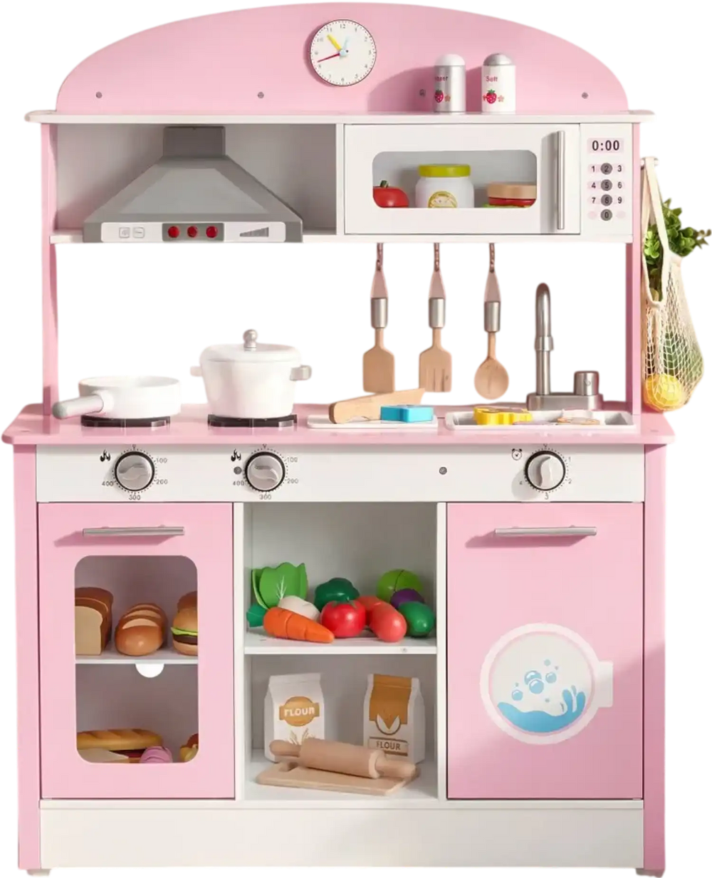 VEVOR Play Kitchen for Kids, Wooden, Kids Kitchen Playset with Real Lights & Sounds, Food & Cookware Accessories, Pretend Play Toy Set, Range Hood, Microwave, for Toddlers, Girls & Boys Ages 3-8, Pink