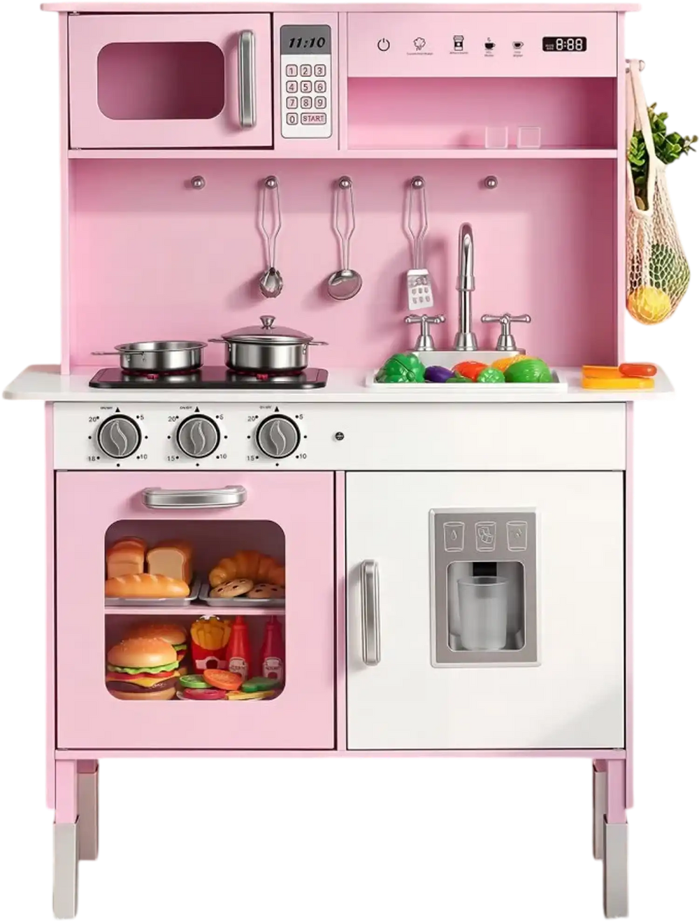 VEVOR Play Kitchen for Kids, Wooden, Kids Kitchen Playset with Real Lights & Sounds, Food & Cookware, Pretend Play Toy Set, Microwave, Oven, Clicking Knobs, for Toddlers, Girls & Boys Ages 3-8, Pink