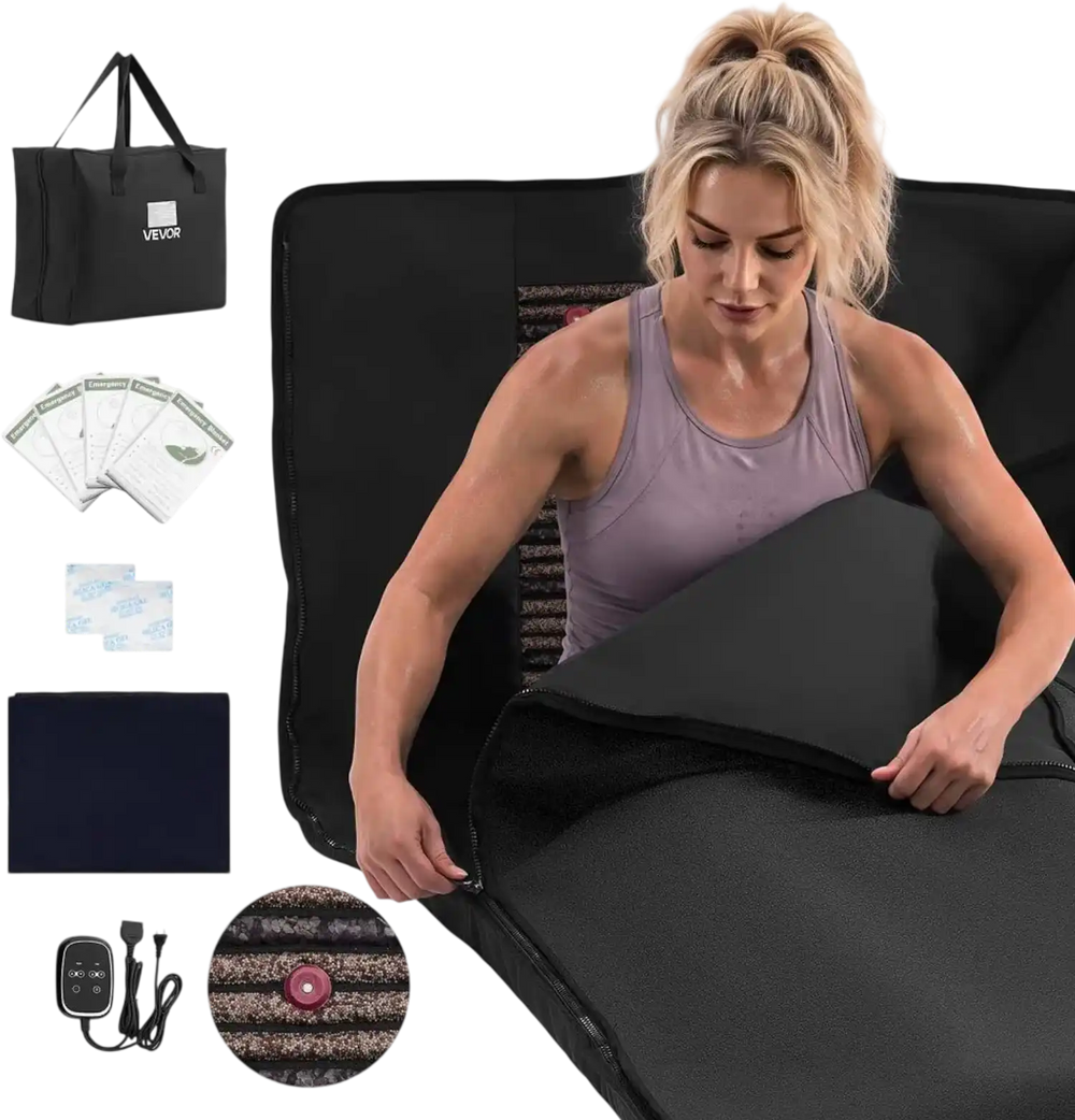 VEVOR Infrared Sauna Blanket with Mineral Stones, 73 x 35 in Sauna Bag, Zero EMF, Portable for Home Detox and Relaxation, Temperature Control & Timer, PU Leather Heating Wrap, Carry Bag, Black