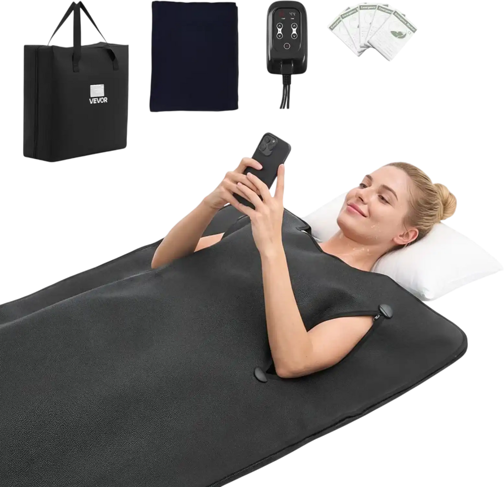 VEVOR Infrared Sauna Blanket with Armholes, 71 x 35 in Portable Sauna Bag, Even Heating for Home Detox & Relaxation, Temp Control & Timer, PU Leather Heating Wrap with Towel Liner, Carry Bag, Black