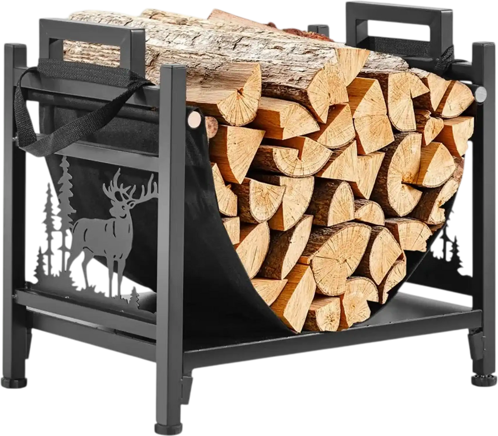 VEVOR Indoor Firewood Rack, 1.5 ft Curved Log Holder with Canvas Carrier, 40lb Weight Capacity Wood Storage Stand, Powder-Coated Steel Firewood Holder, Heavy Duty Wood Pile Stacker Rack for Fireplace