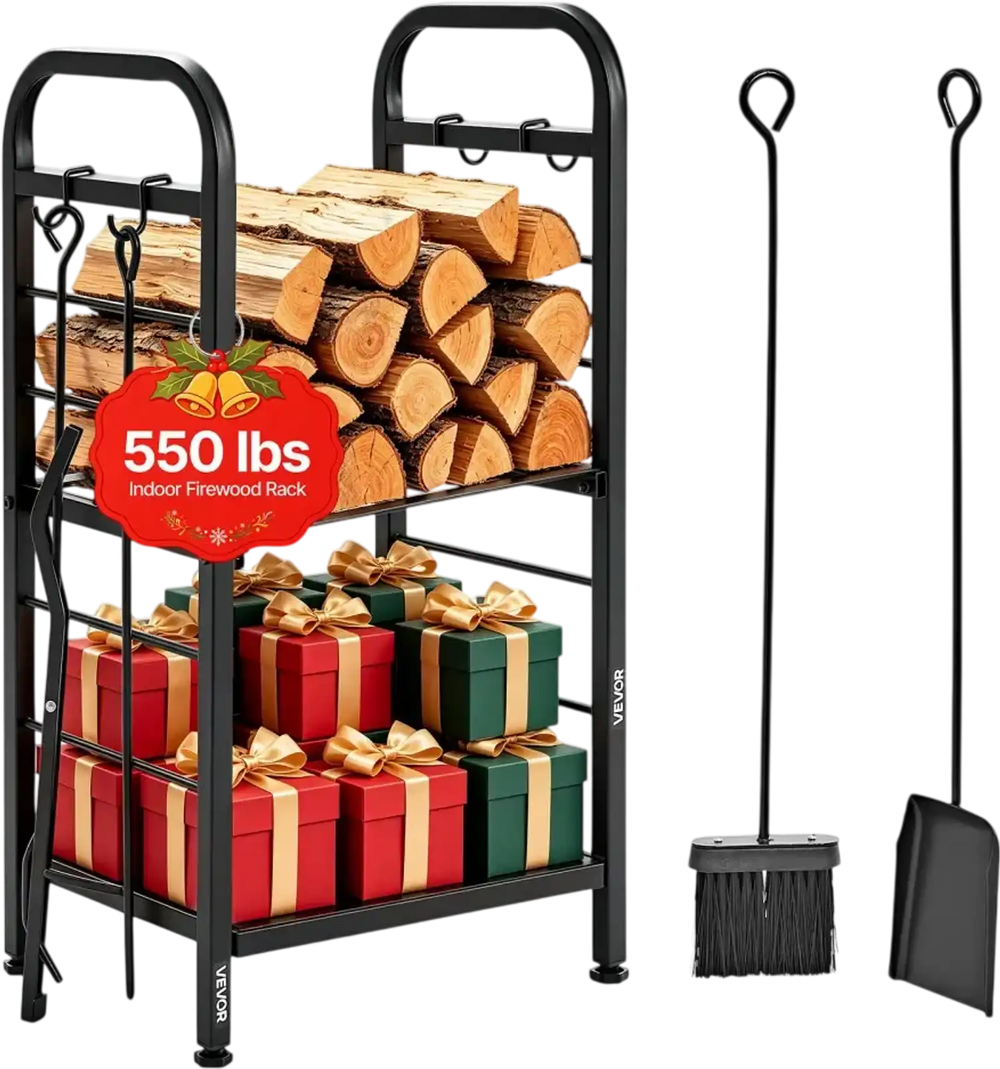 VEVOR Firewood Rack 15.75 Inch Heavy Duty Indoor Fire Wood Storage Holder, for Fireplace Patio Deck, 550 lbs Load Capacity, 2-Tier Storage Space, Log Stacker Stand Metal Wood Pile Organizer, Black