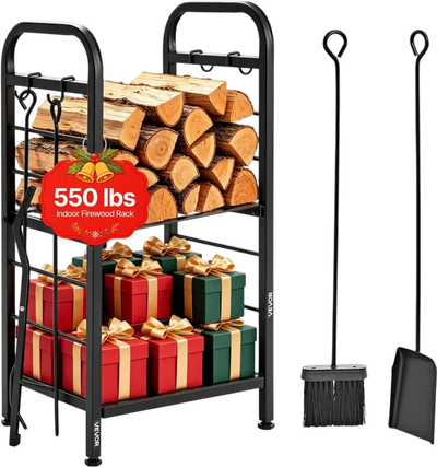 VEVOR Firewood Rack 15.75 Inch Heavy Duty Indoor Fire Wood Storage Holder, for Fireplace Patio Deck, 550 lbs Load Capacity, 2-Tier Storage Space, Log Stacker Stand Metal Wood Pile Organizer, Black