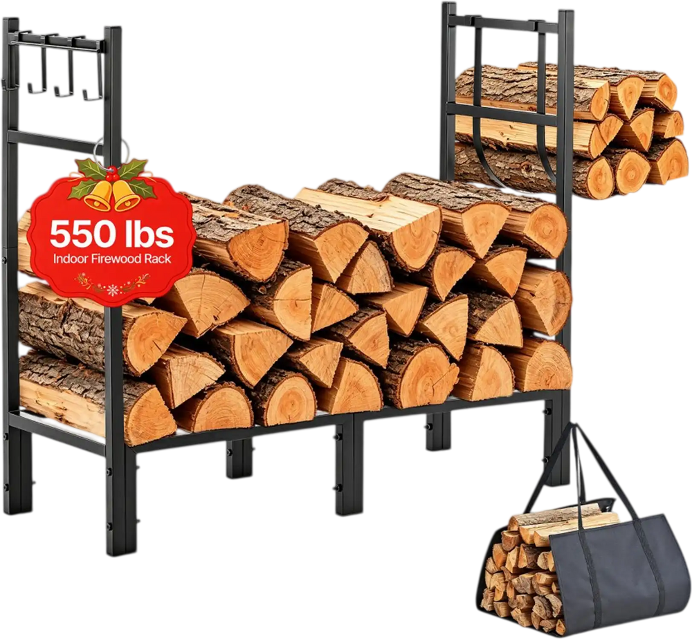 VEVOR Firewood Rack 32.68 Inch Heavy Duty Indoor Fire Wood Storage Holder, for Fireplace Patio Deck, 550 lbs Load Capacity, Stacker Stand with Log Carrier Bag, Metal Wood Pile Organizer Tool, Black