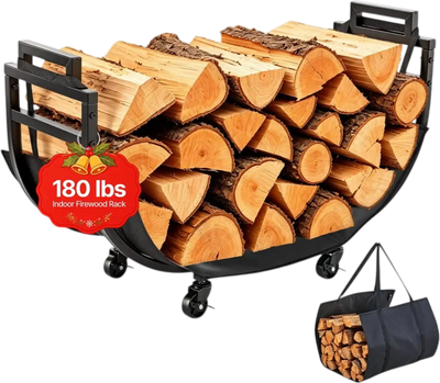 VEVOR Firewood Rack 31.69 Inch Heavy Duty Indoor Fire Wood Storage Holder, for Fireplace Patio Deck, 180 lbs Load Capacity, 4 Locking Swivel Casters, Log Stacker Stand Metal Wood Pile Organizer, Black