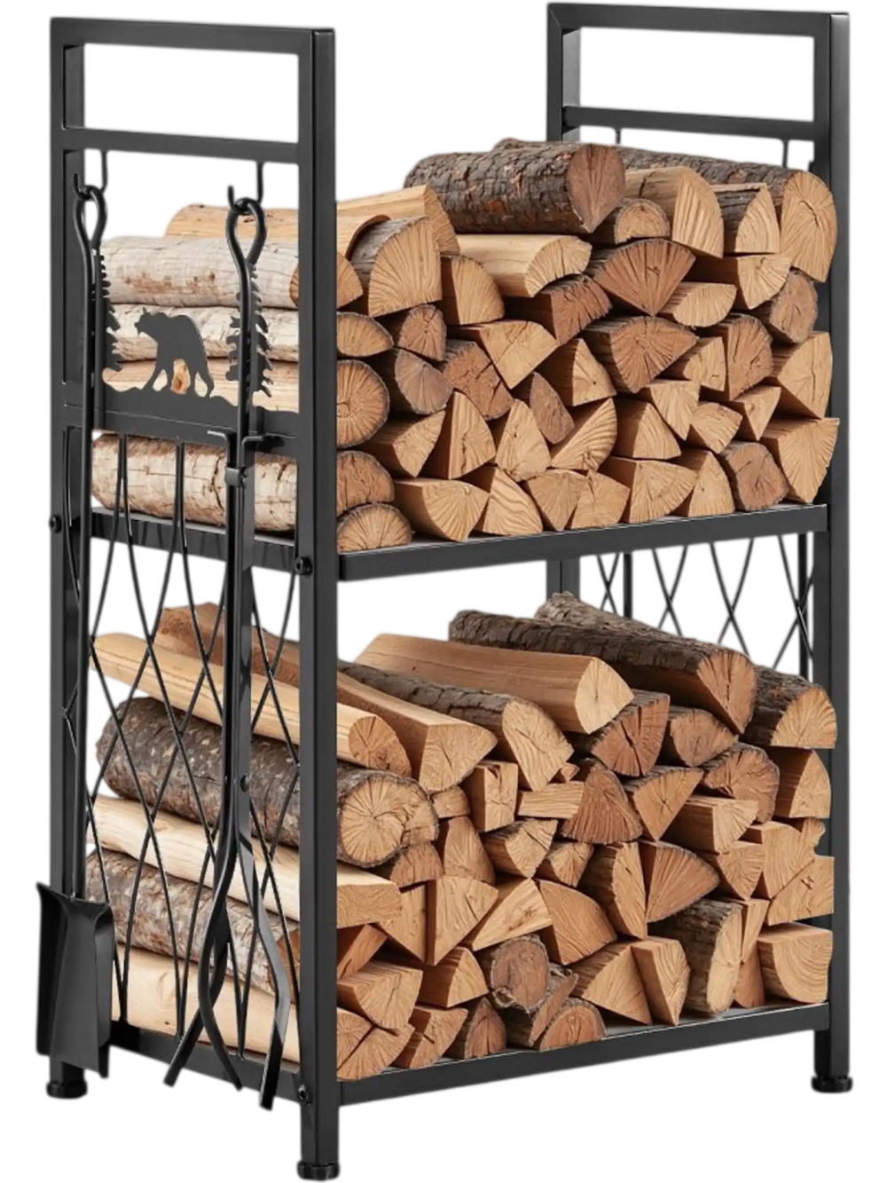 VEVOR Indoor Firewood Rack, 1.3 ft 2-Tier Firewood Holder with Fireplace Tools, Brush, Shovel, Poker, Tongs, Heavy Duty Log Wood Rack, 400 lbs Weight Capacity, Wood Pile Storage Stacker for Fire Pit