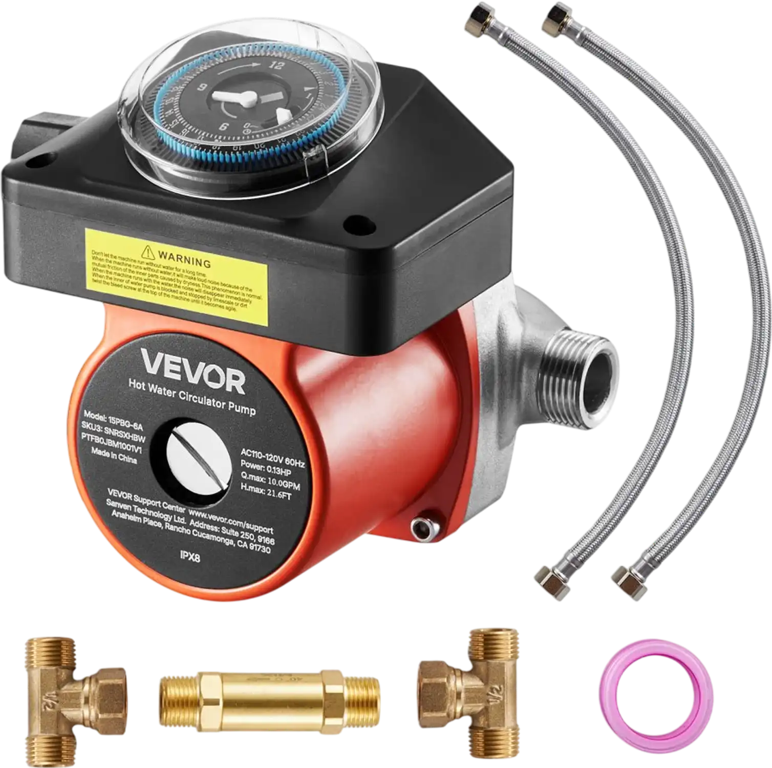 Vevor Recirculating Pump Hot Water Recirculation Kit with Mechanical Timer Bypass Valve Stainless Steel Head 0.13 HP 110-120V New
