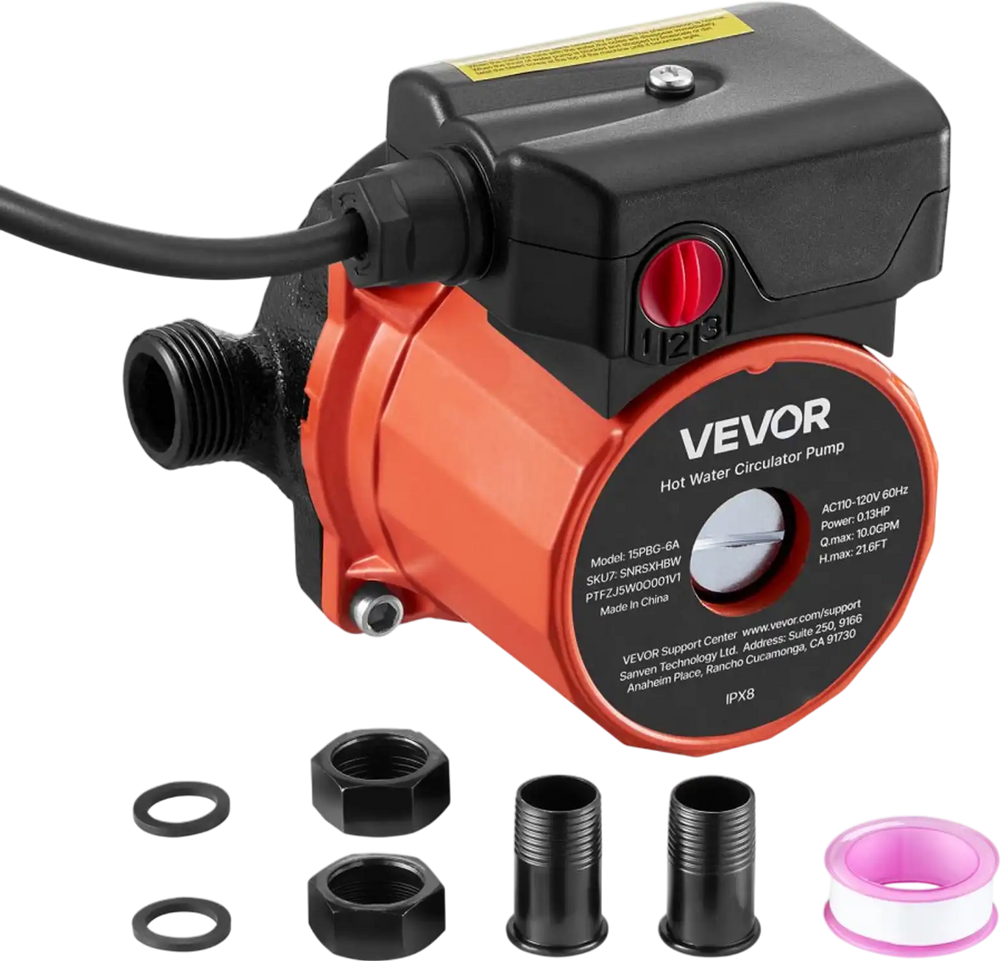 VEVOR Hot Water Recirculating Pump, 10 GPM, Instant Circulation Circulator Pump System, 3-Speed Control, 0.13 HP, 110-120V, NPT 3/4 in to NPT 1/2 in Adapter, Cast Iron Head, for Water Heater System