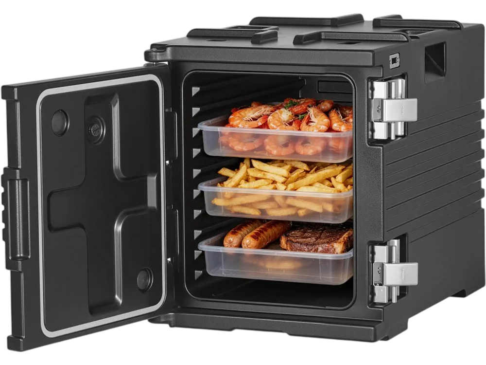 VEVOR Insulated Food Pan Carrier, 82 Qt Non-Electrical Food Warmer, with Wheel & 304 Stainless Steel Latch, LLDPE Stackable Hot Box, for Various Pan Sizes(NOT Included), Fit Catering BBQ Event(Black)