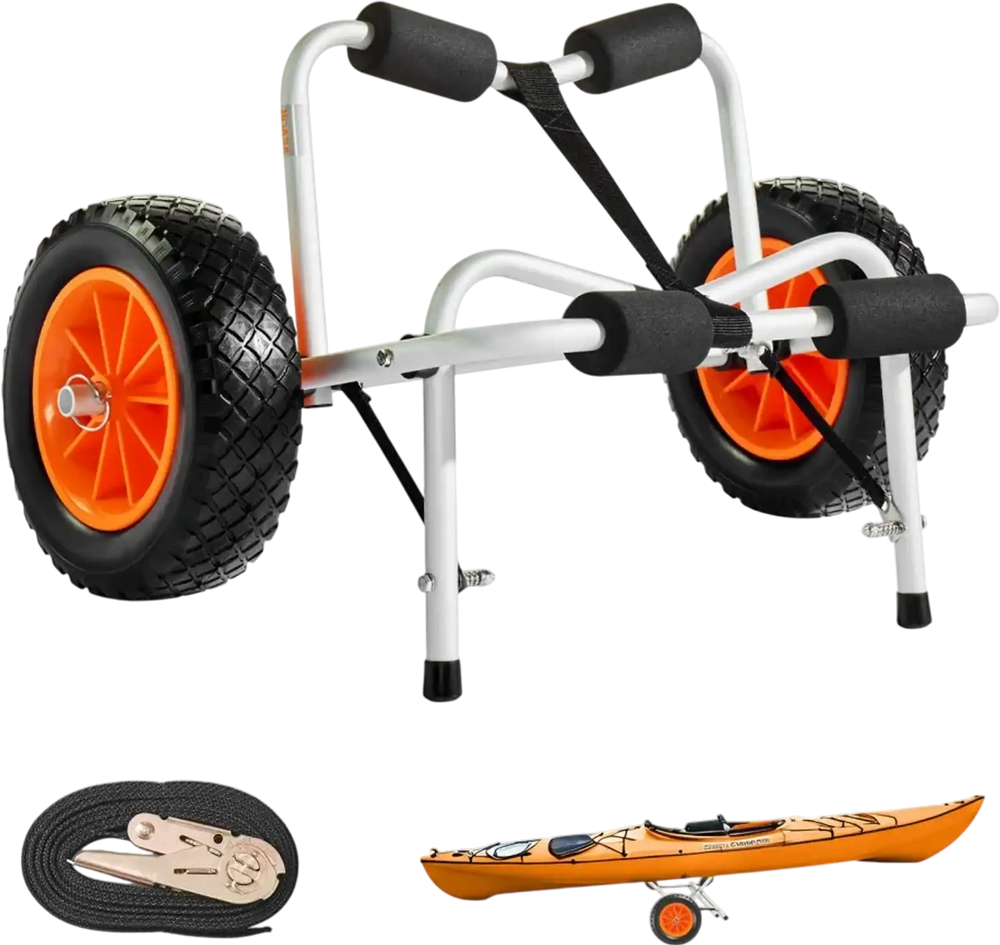 VEVOR Kayak Cart, 250 lbs Load Capacity, Foldable Kayak Trolley with 10-inch Solid Rubber Tires & 1 Ratchet Strap, Paddle Board Trolley for Carrying Kayaks, Canoes, Paddleboards, Float Mats, Jon Boats
