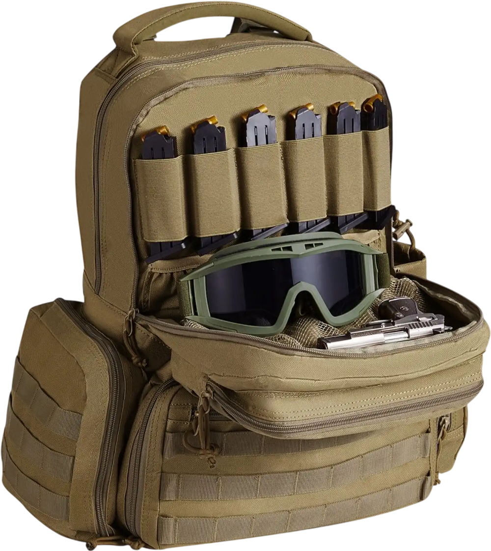 VEVOR Tactical Range Backpack for 6 Pistols, Gun Backpack with 6 Independent Pistol Bags & 10 Magazines, Pistol Backpack for Outdoor Hunting Shooting, Range Bag for Handguns Lockable Zipper,  Brown