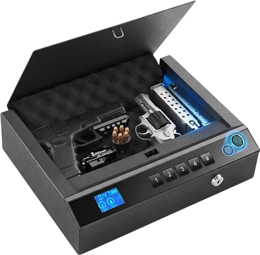 VEVOR Gun Safe for Handgun Biometric Fingerprint Pistol Safe with Bluetooth, for Storing 2 Handguns and 2 Magazines, 4-Way Quick Access, Steel Construction, with Automatic Lighting, Silent Mode, Black