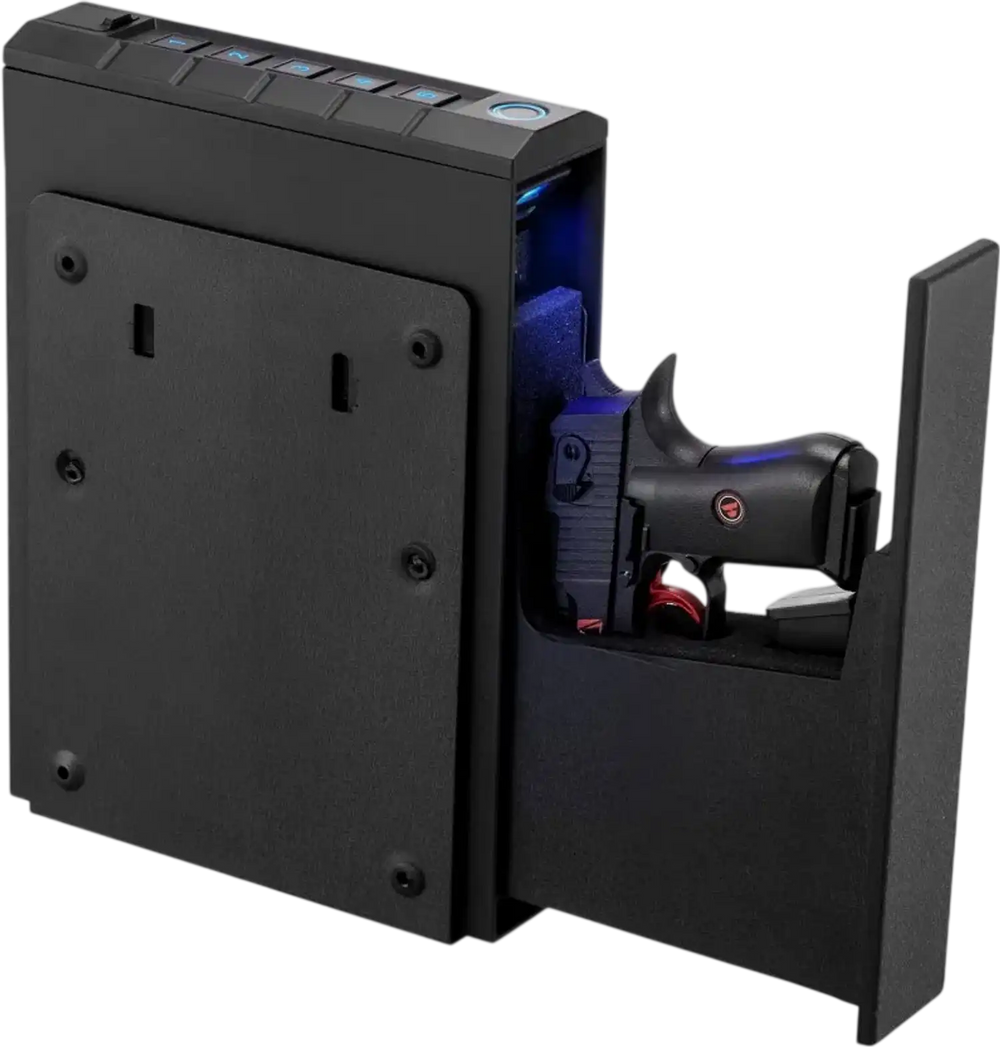 VEVOR Gun Safe, Slider Handgun Gun Safe with Fingerprint/Password/Key, 3-Way Quick Access Firearm Case Box with Lighting for 1 Pistol & Magazine, Mounted Pistol Gun Box for Nightstand Bedside Desk Car
