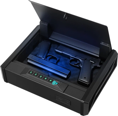 VEVOR Gun Safe, Heavy Duty Handgun Safe with Fingerprint/Password/Key, 3-Way Quick Access Firearm Case Box with Lighting for 2 Pistols & 2 Magazines, Pistol Gun Box for Nightstand Bedside Desk Car