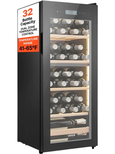 VEVOR 32 Bottle Wine Fridge, Freestanding Wine Cooler Refrigerator, Dual Zone Cooler, 41℉ to 65℉ Adjustable Temp Mini Cellar, Glass Door, For Home Office Bar, Red White Champagne or Sparkling Wines